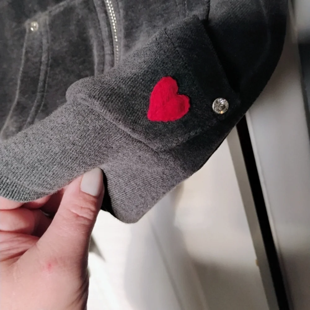 VINTAGE OOAK Dark Gray Velour Hoodie w/Rhinestones & Satin Details Size Small ❤️ - Picture 6 of 9